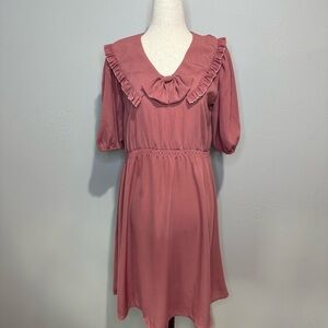 Vintage Mauve Puff Sleeve Dress with Ruffle Collar & Bow – Size 10 (estimated)
